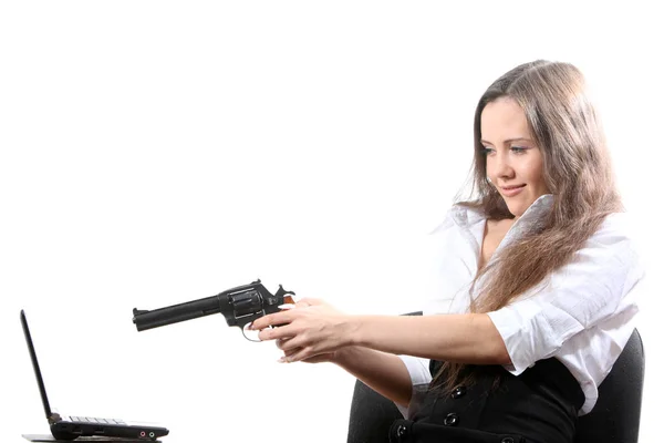 Schöne Geschäftsfrau Hat Auf Einen Revolver Abgesehen — Stockfoto