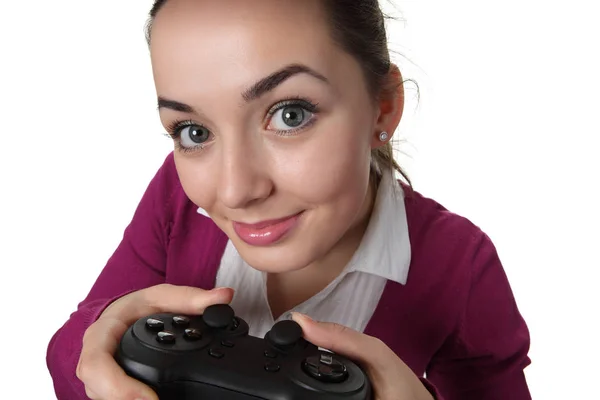 Jovem Mulher Jogar Vídeo Game — Fotografia de Stock