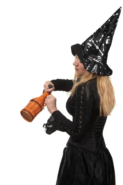 Молодая Женщина Костюме Ведьмы Бутылкой — стоковое фото