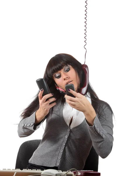 Femme Affaires Parler Par Quatre Téléphones Même Temps Sur Son — Photo