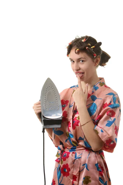 Attractive Housewife Iron — Stock Photo, Image