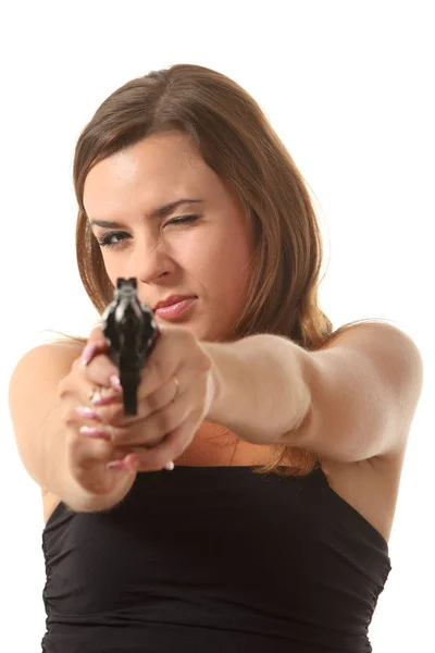 Beautiful Young Girl Aiming Revolver — Stock Photo, Image