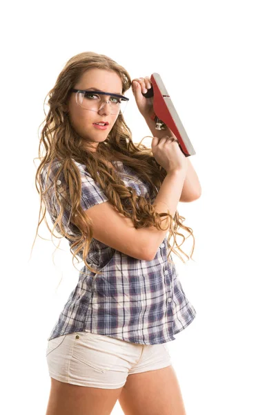 Young Girl Glasses Holding Jack Plane Isolated White Background — Stock Photo, Image