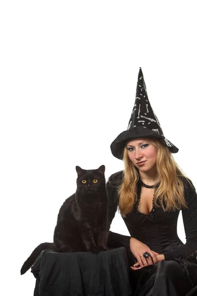 Mladá Žena Kostýmu Čarodějnice Černou Kočkou — Stock fotografie