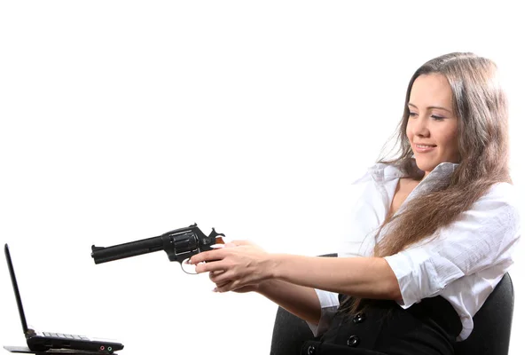 Schöne Geschäftsfrau Hat Auf Einen Revolver Abgesehen — Stockfoto