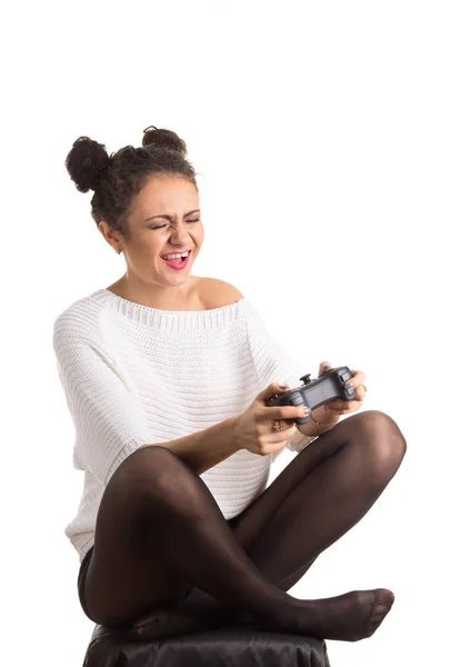 Cute Curly Young Girl Playing Video Game — Stock Photo, Image