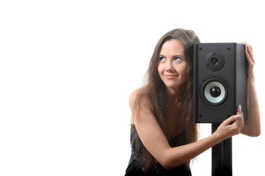 Beatuifull kadın tutun bir hoparlör