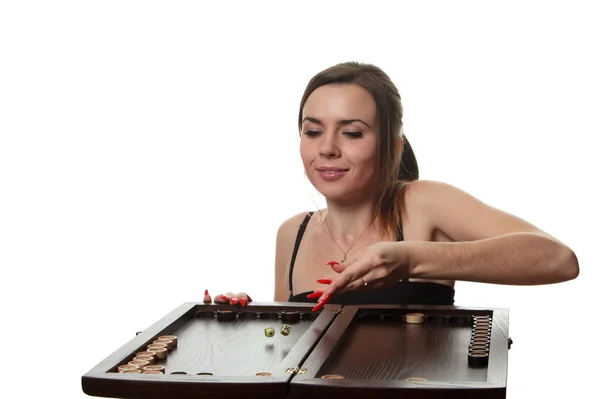 Mujer Joven Jugando Backgammon Sobre Fondo Blanco —  Fotos de Stock