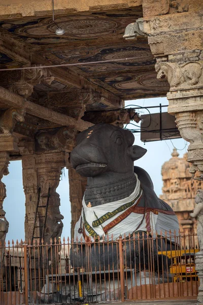 Stone statue of a cow in Indian temple. State of Tamil Nadu.