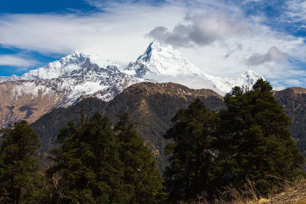 Bela Paisagem Das Montanhas Himalaia Rastreamento Para Acampamento Base Annapurna — Fotografia de Stock