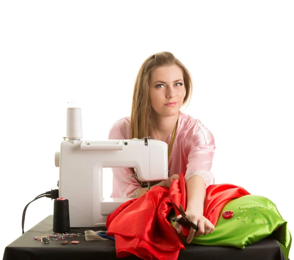 Seamstress Conceals Fabric Scissors Isolated White Background — Stock Photo, Image