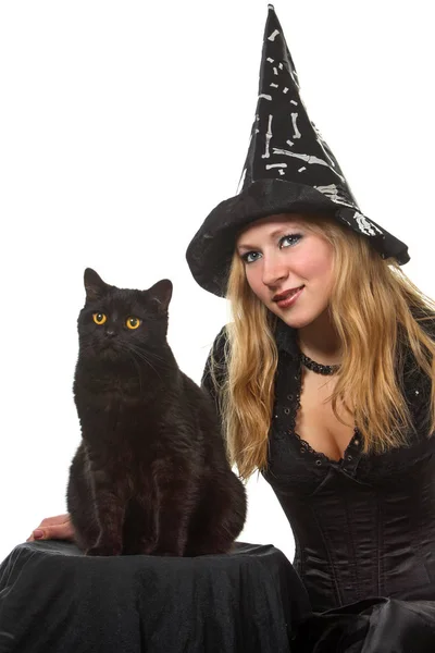Молодая Женщина Костюме Ведьмы Черной Кошкой — стоковое фото