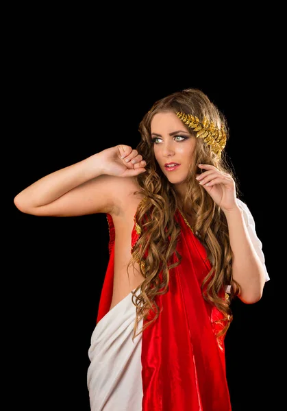 Ancient Goddess Red Greece Toga Isolated Black Background — Stock Photo, Image