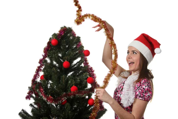 Woman Christmas Hat Decorating Christmas Tree — Stockfoto