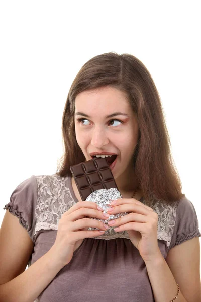 Jonge Aantrekkelijke Vrouw Eten Van Chocolade — Stockfoto