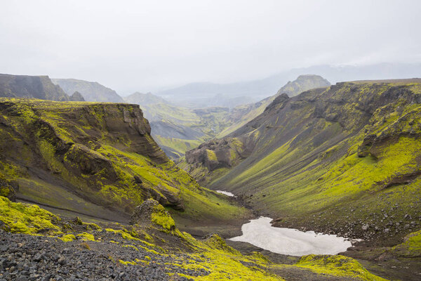 Beautiful Mountain Panorama in National Park Thorsmork, Iceland.