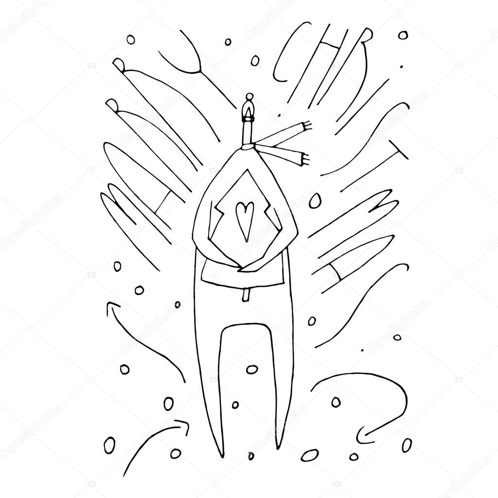 Hand paint stick figure illustration outline. People vector. Man with christmas tree. Heart. Lettering. Character people. (Can be used as texture for cards, invitations, DIY projects, web sites)