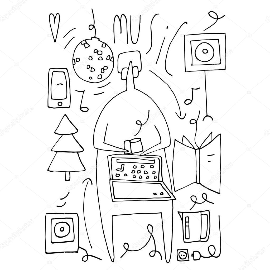 Hand vector stick figure illustration. Music. (Can be used as texture for cards, invitations, DIY projects, web sites or for any other design.)