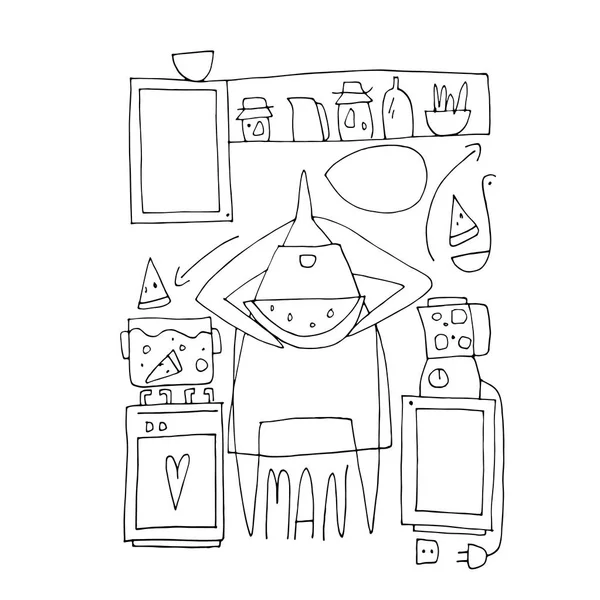 Ilustración Figuras Vectores Manuales Gente Interior Cocina Hombre Discurso Corazón — Vector de stock