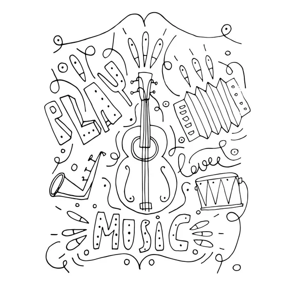 Hand Drawn Stylized Music Instruments Set Vector Outline Flat Style — Stock Vector