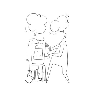 El stilize Anahat vektör çizim çekilmiş. Çay gün. Karakter insanlar. Kalp. Çay Kupası olan adam. (Doku olarak kartlar, davetiyeler, DIY, web siteleri için kullanılabilir)