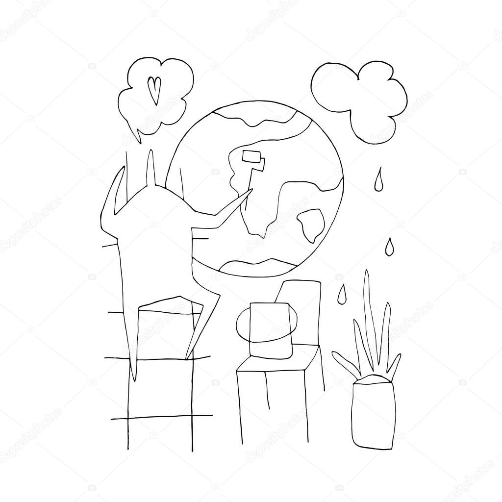 Hand paint vector outline stick figure man paints the planet. Character people. Stair. World. (Can be used as texture for cards, invitations, DIY projects, web sites)