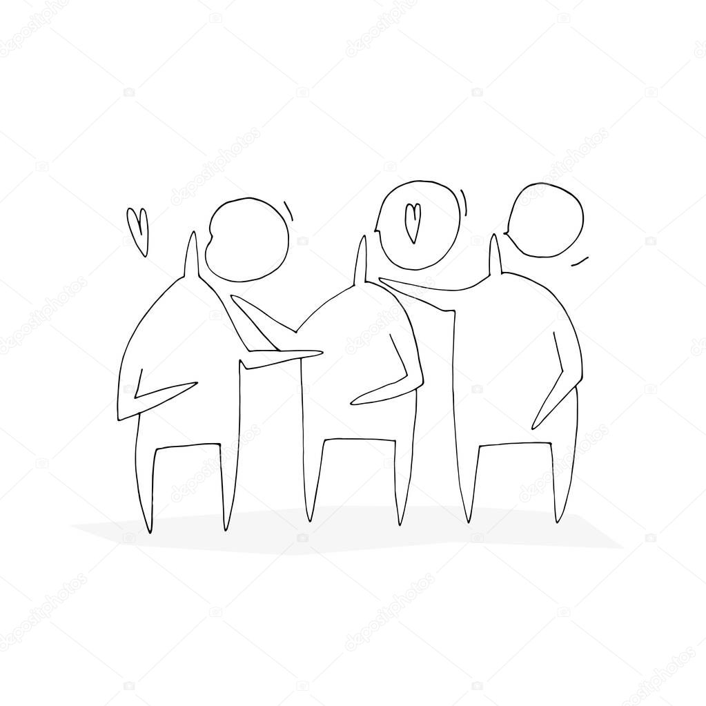 Hand paint vector outline stick figure illustration. Character man. People hugging. Heart. Love. (Can be used as texture for cards, invitations, DIY projects, web sites design.)