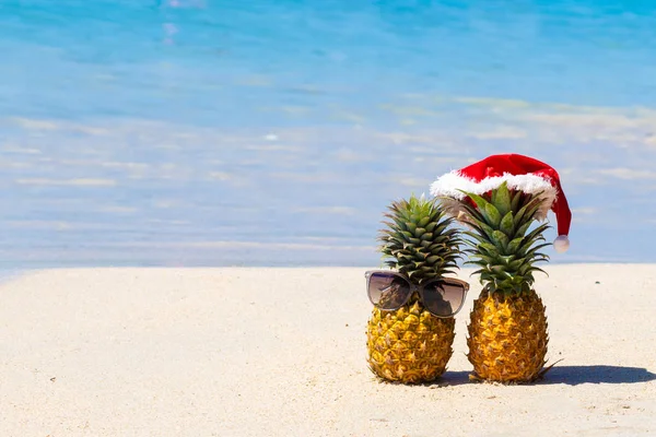 Due Amici Ananas Bicchieri Cappello Natale Sulla Sabbia Bianca Con — Foto Stock