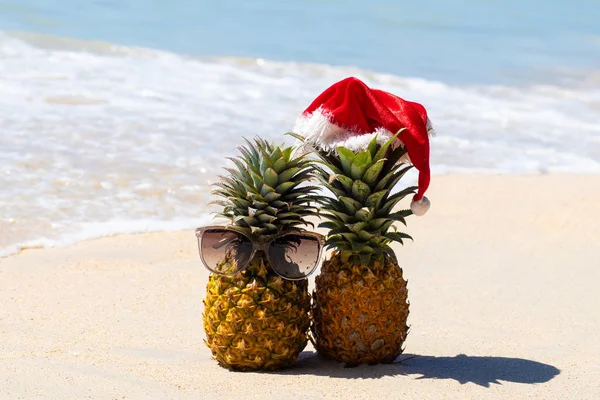 Due Amici Ananas Bicchieri Cappello Natale Sulla Sabbia Bianca Con — Foto Stock