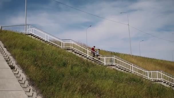 Mutlu çift, ekose gömlekler, el ele tutuşarak ve bir araba köprüde bir güneşli yaz gününde yürüyüş. Genel planı. Çok genel planı — Stok video