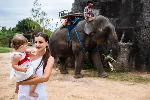 Šťastný matka a dcera sledování a krmení slonů v zoo. Mladá matka krmí slona s její dcerou, dítě krmí slon — Stock fotografie