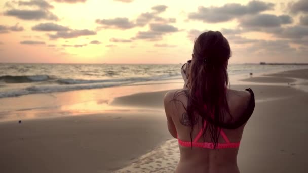 熱帯のビーチ写真カメラで夕日の海岸に女性旅行者 — ストック動画