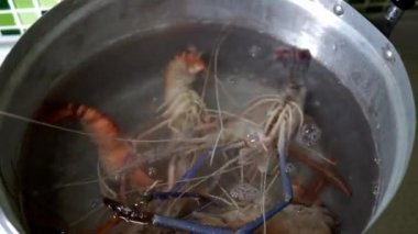 Bir tencerede yemek karides. Deniz ürünleri hazırlanması.