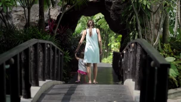 Asiatische Mutter und Tochter gehen zusammen im Park auf der Brücke — Stockvideo