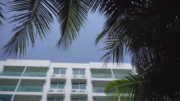 Jour extérieur établissant plan de condo hôtel générique ou immeuble d'appartements dans un endroit tropical avec des palmiers à l'extérieur sous un ciel bleu clair . — Video
