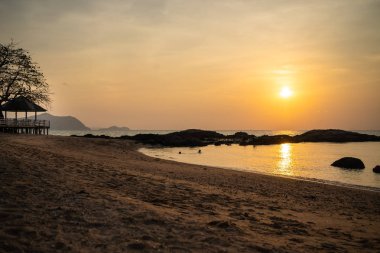 Palm ile sahilde deniz üzerinde güzel pembe günbatımı bırakır, arka plan
