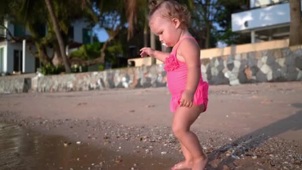 Roztomilá holčička v růžové plavky procházky podél pobřeží na západ slunce, pomalý pohyb — Stock video