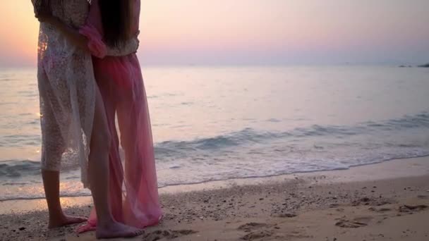Ευτυχισμένο θηλυκό λεσβιακό ζευγάρι που αναπαύεται σε όμορφη τροπική παραλία. Η έννοια του ΛΟΑΤ. — Αρχείο Βίντεο