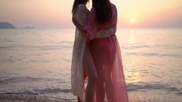 Feliz casal lésbico feminino descansando na bela praia tropical. O conceito de LGBT . — Vídeo de Stock
