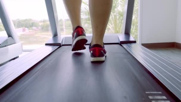 Close up uomo gambe in scarpe da ginnastica rosa su un. Tapis roulant in palestra — Video Stock