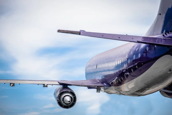 Avião voando no céu. Mar e terra de avião. Transporte e viagens. Lugar vazio para texto, cópia . — Fotografia de Stock