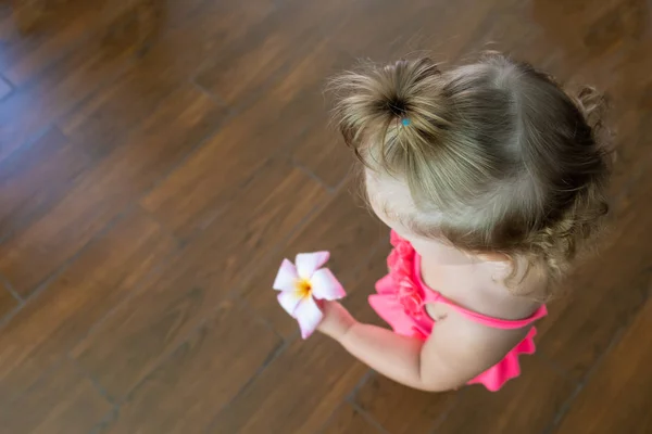 彼女の手にプルメリアの花を持つ小さな女の子、トップビュー — ストック写真