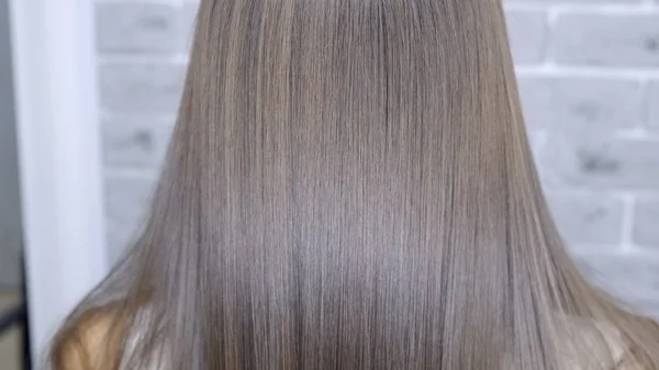 茶色の髪を持つ女の子のための美容院でラミネートと髪の矯正後の結果。ヘアケアコンセプト — ストック写真