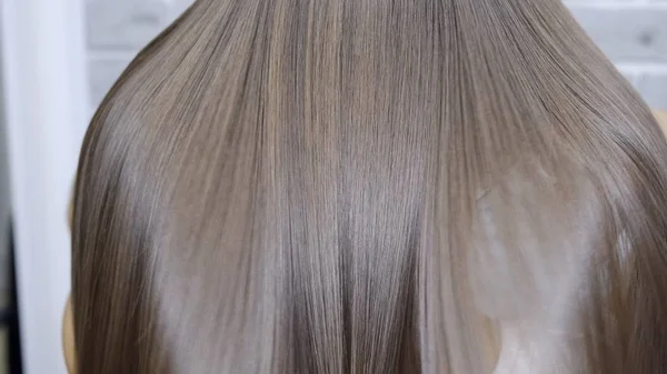 Resultado após laminação e alisamento do cabelo em um salão de beleza para uma menina com cabelo castanho. conceito de cuidado do cabelo — Fotografia de Stock