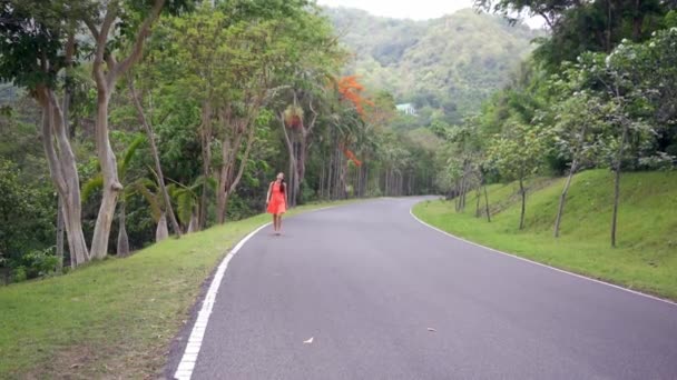 美丽的雨林与一个年轻的女旅行者在通往森林的泰国。女性走在雨林道路上，欣赏自然美景 — 图库视频影像