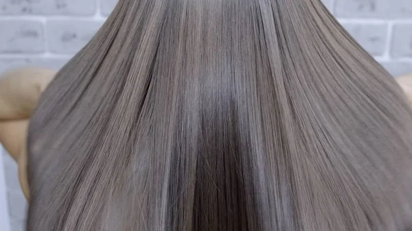 Resultado após laminação e alisamento do cabelo em um salão de beleza para uma menina com cabelo castanho. conceito de cuidado do cabelo — Fotografia de Stock