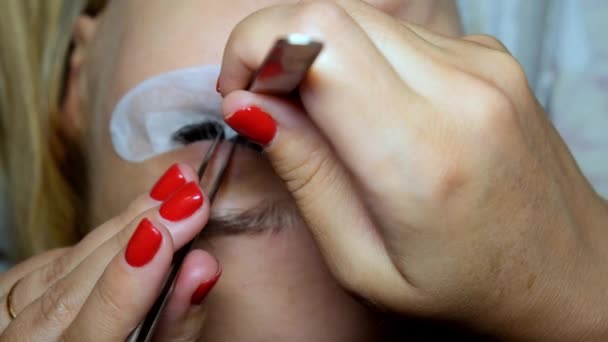 Young woman undergoing eyelash extension procedure in beauty salon, closeup — Stock Video