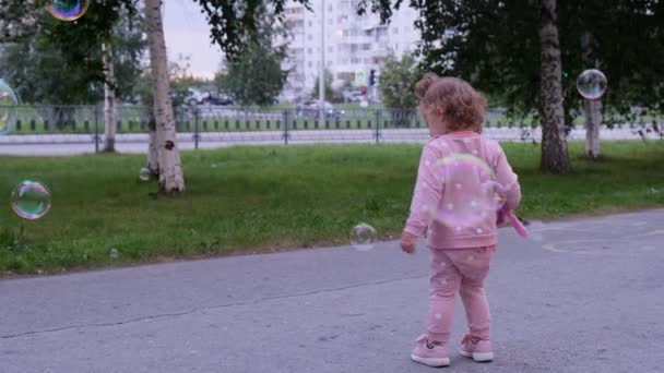 Fröhliches kleines Mädchen rennt im Sommerpark nach Seifenblasen. Konzept der glücklichen Kindheit. — Stockvideo