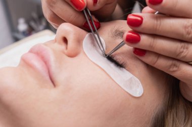 beauty saloon. close-up, procedure for eyelash extension. The master glues each cilium with special glue, works by means of two tweezers clipart