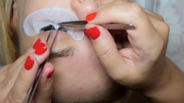 Eyelash fjernelse procedure lukke op. Smuk kvinde med lange vipper i en skønhedssalon. Eyelash forlængelse. – Stock-video